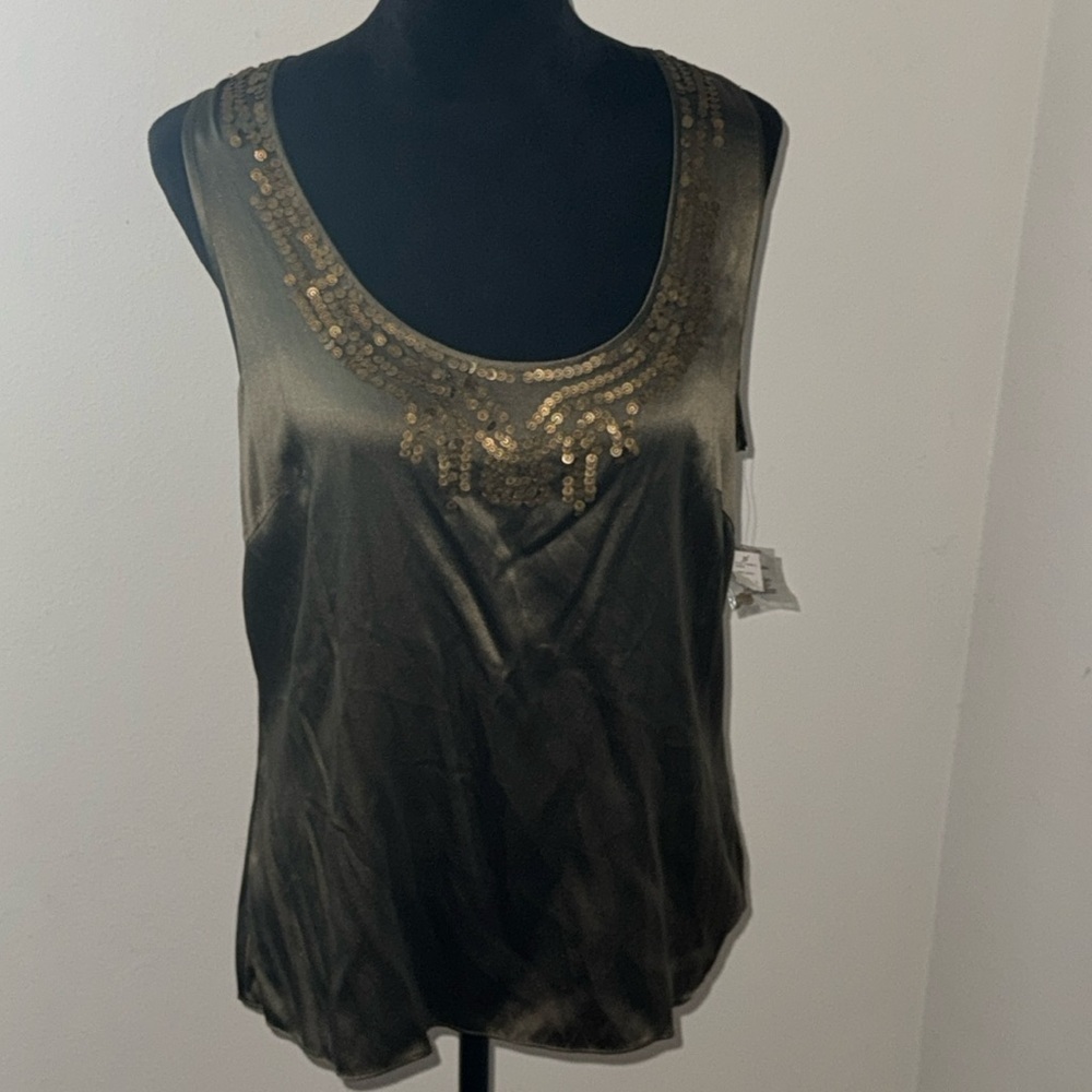 Antonio Melani Camo green beaded sleeveless silk top Sz L‎ new